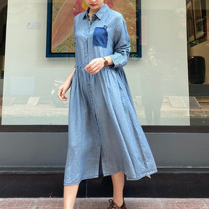 Đầm liền sơ mi denim dài tay cổ đức form rộng một túi - NU8243
