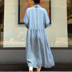 Đầm liền sơ mi denim dài tay cổ đức form rộng một túi - NU8243