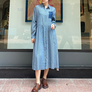 Đầm liền sơ mi denim dài tay cổ đức form rộng một túi - NU8243