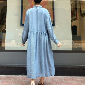 Đầm liền sơ mi denim dài tay cổ đức form rộng một túi - NU8243
