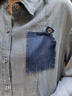 Đầm liền sơ mi denim dài tay cổ đức form rộng một túi - NU8243
