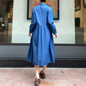 Đầm liền sơ mi denim dài tay cổ đức form rộng một túi - NU8243