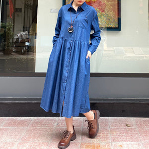 Đầm liền sơ mi denim dài tay cổ đức form rộng một túi - NU8243