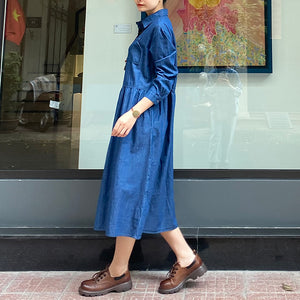 Đầm liền sơ mi denim dài tay cổ đức form rộng một túi - NU8243
