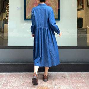 Đầm liền sơ mi denim dài tay cổ đức form rộng một túi - NU8243