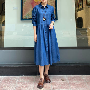 Đầm liền sơ mi denim dài tay cổ đức form rộng một túi - NU8243