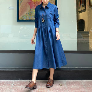 Đầm liền sơ mi denim dài tay cổ đức form rộng một túi - NU8243