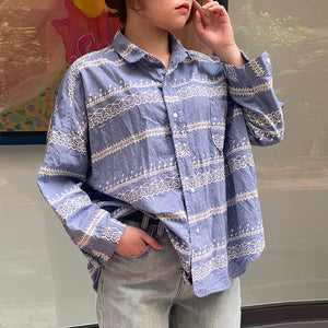 Áo sơ mi linen dài tay cổ pipi in hoa văn trừu tượng - NU8378