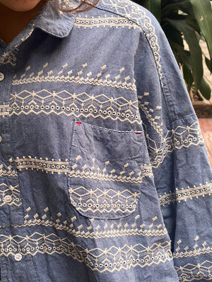 Áo sơ mi linen dài tay cổ pipi in hoa văn trừu tượng - NU8378