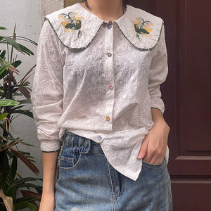 Áo sơ mi linen Morigirl dài tay cổ áo thêu đối xứng - NU8322