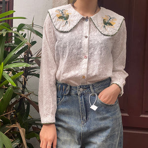Áo sơ mi linen Morigirl dài tay cổ áo thêu đối xứng - NU8322