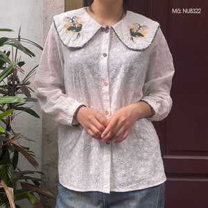 Áo sơ mi linen Morigirl dài tay cổ áo thêu đối xứng - NU8322