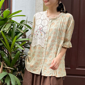 Áo sơ mi ngắn tay cổ tròn in retro thêu ren - NU8327