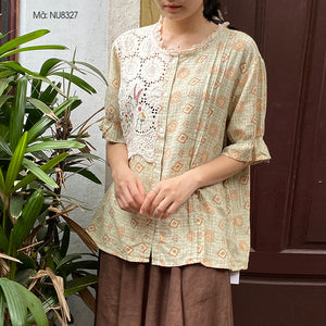 Áo sơ mi ngắn tay cổ tròn in retro thêu ren - NU8327