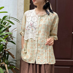 Áo sơ mi ngắn tay cổ tròn in retro thêu ren - NU8327