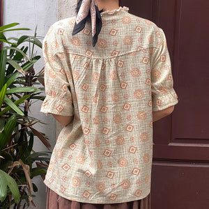 Áo sơ mi ngắn tay cổ tròn in retro thêu ren - NU8327