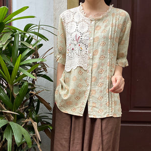 Áo sơ mi ngắn tay cổ tròn in retro thêu ren - NU8327