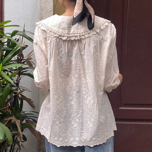 Áo sơ mi linen Morigirl dài tay thêu hoa lá túi tròn  - NU8319