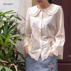 Áo sơ mi linen Morigirl dài tay thêu hoa lá túi tròn  - NU8319