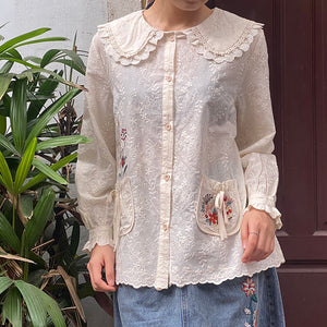 Áo sơ mi linen Morigirl dài tay thêu hoa lá túi tròn  - NU8319