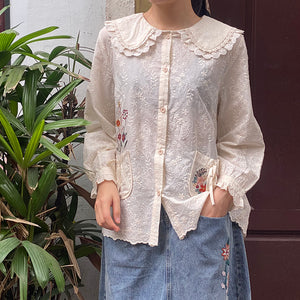 Áo sơ mi linen Morigirl dài tay thêu hoa lá túi tròn  - NU8319