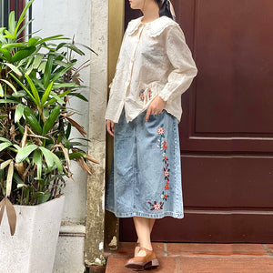 Áo sơ mi linen Morigirl dài tay thêu hoa lá túi tròn  - NU8319