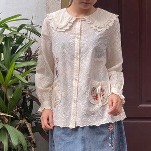 Áo sơ mi linen Morigirl dài tay thêu hoa lá túi tròn  - NU8319