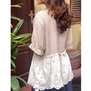 Áo sơ mi linen Morigirl ngắn tay cổ tròn xếp ly kiểu hai tầng - NU8323