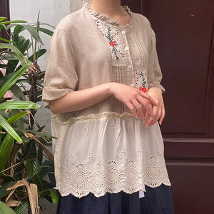 Áo sơ mi linen Morigirl ngắn tay cổ tròn xếp ly kiểu hai tầng - NU8323