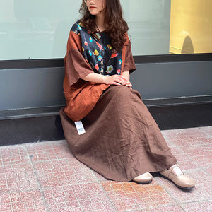 Áo sơ mi linen ngắn tay cổ tròn in hoa lá trước ngực - NU8585