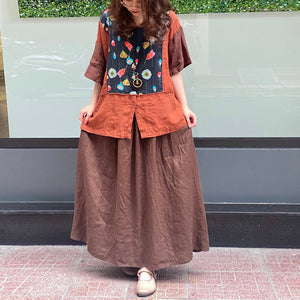Áo sơ mi linen ngắn tay cổ tròn in hoa lá trước ngực - NU8585