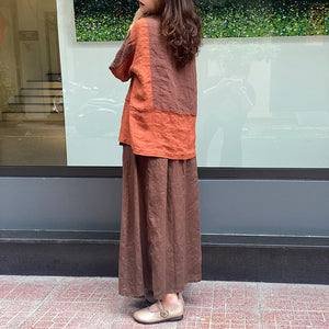Áo sơ mi linen ngắn tay cổ tròn in hoa lá trước ngực - NU8585