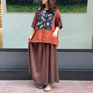Áo sơ mi linen ngắn tay cổ tròn in hoa lá trước ngực - NU8585