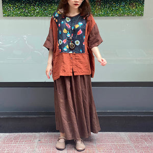 Áo sơ mi linen ngắn tay cổ tròn in hoa lá trước ngực - NU8585