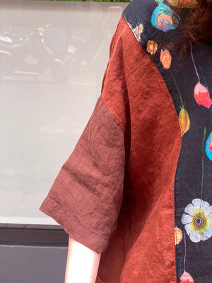 Áo sơ mi linen ngắn tay cổ tròn in hoa lá trước ngực - NU8585