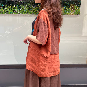 Áo sơ mi linen ngắn tay cổ tròn in hoa lá trước ngực - NU8585