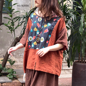Áo sơ mi linen ngắn tay cổ tròn in hoa lá trước ngực - NU8585